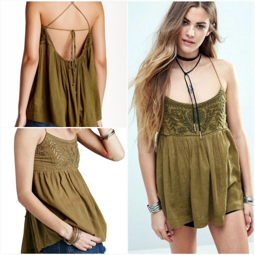 FP Olive Green Embroidered Top
